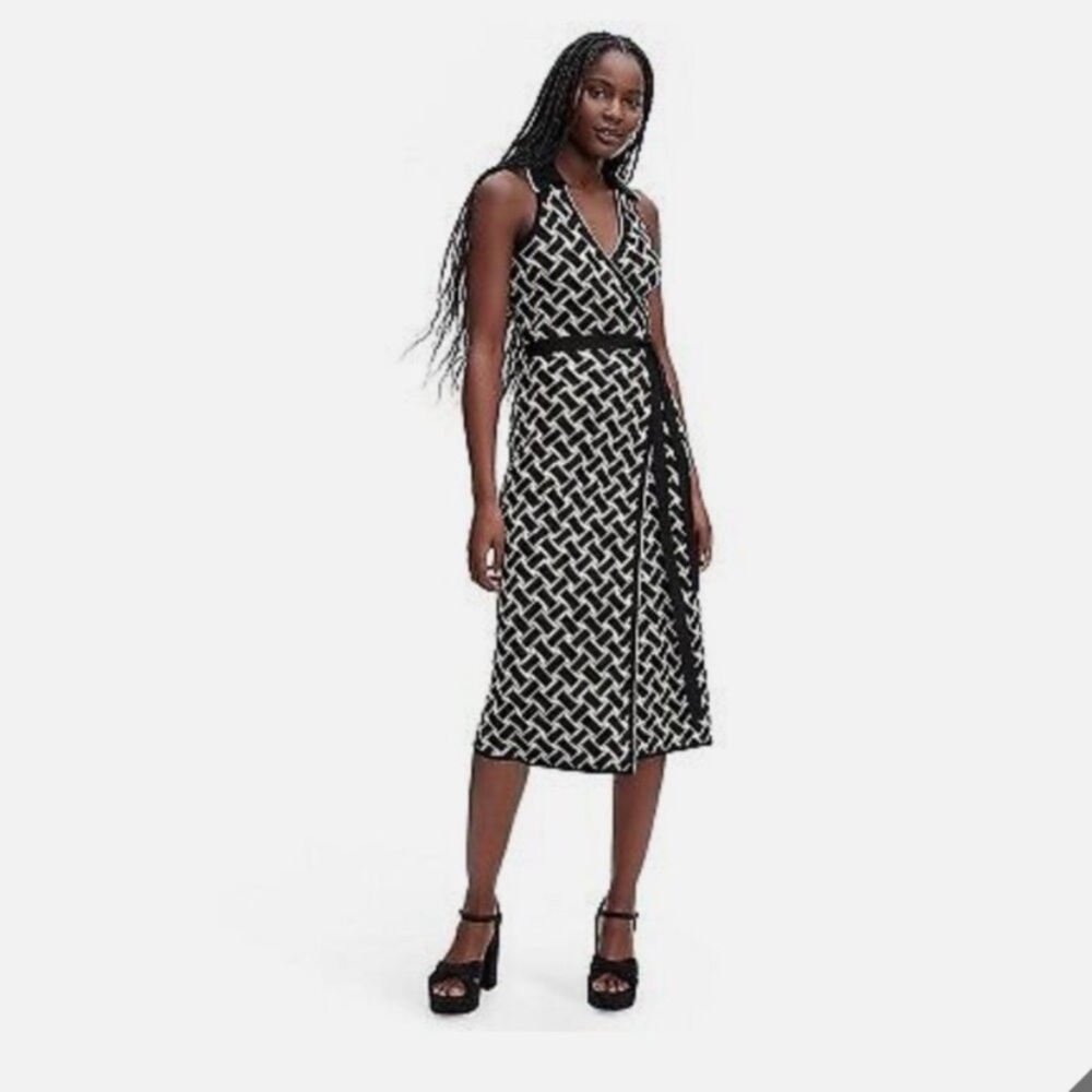 NEW DVF target Collared Sleeveless Vintage Weave Wrap Dress bla…